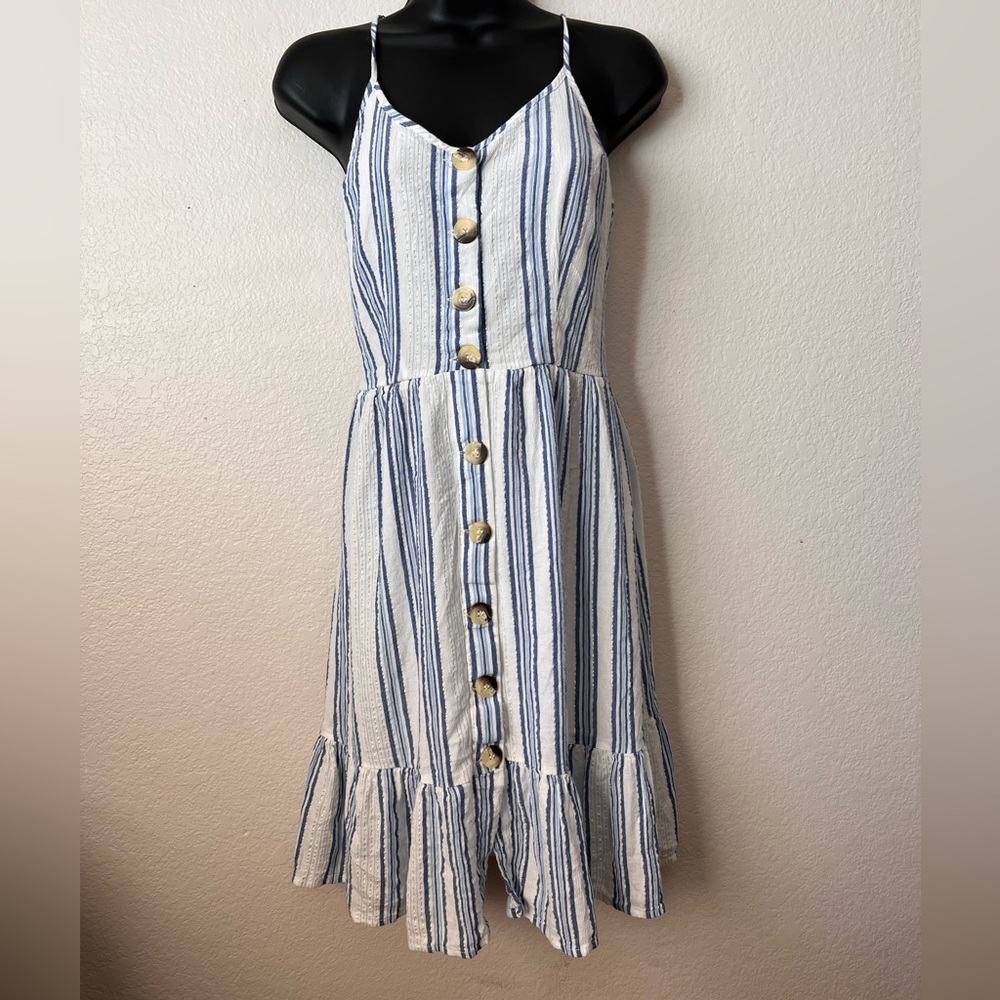 Japna Blue, White & Gold Striped dress SMALL